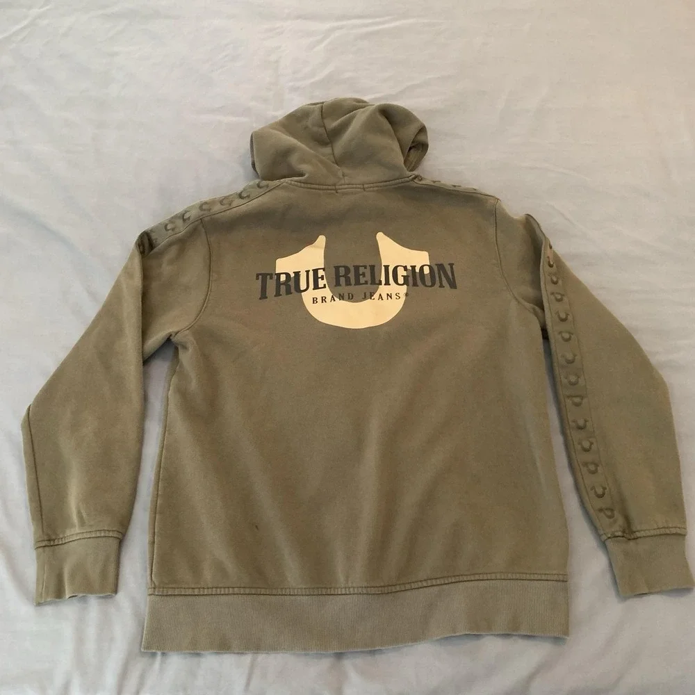 True Religion Hoodie Mens Large Green Full Zip Fleece Silicone Tape Logo